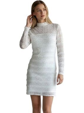 Topshop White Lace Mock Neck Tiered Ruffle Bodycon Long Sleeve Mini Dress US 10